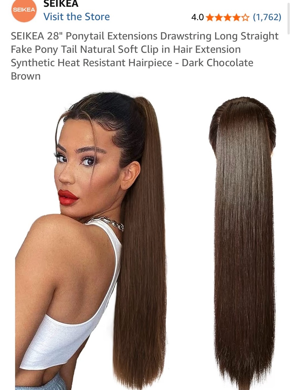 Dark Chocolate Brown 28" Drawstring Straight Ponytail Extension
